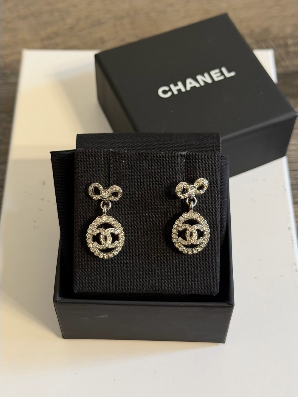 CHANEL Silver Crystal CC Bow Drop Earrings